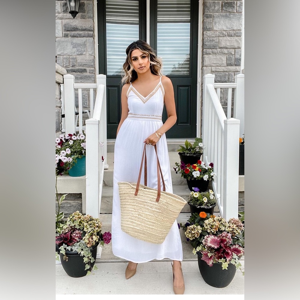 Japna White Maxi Smocked V Neck Goddess Dress Size XS